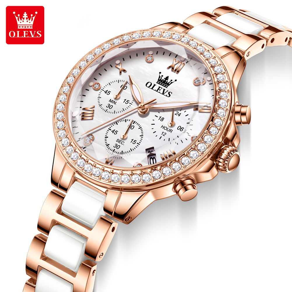 Luxury Watch With Leather Strap - OLEVS 9999 여성용 쿼츠 시계 세라믹