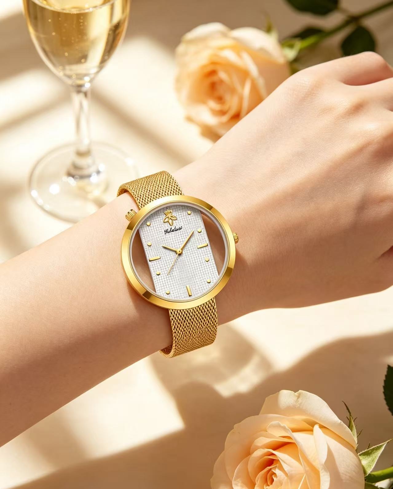 Luxury Watch Gift For Her - YaLaLuSi 패션 심플 골드 메쉬 여성용